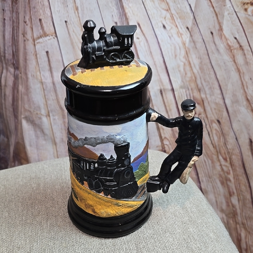 Vintage Train Themed Ceramic Beer Stein 1987 Stamped